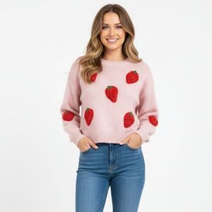 Love Tree Sweater 3D Strawberry Applique Knit Pink Cottage Girly Women Large